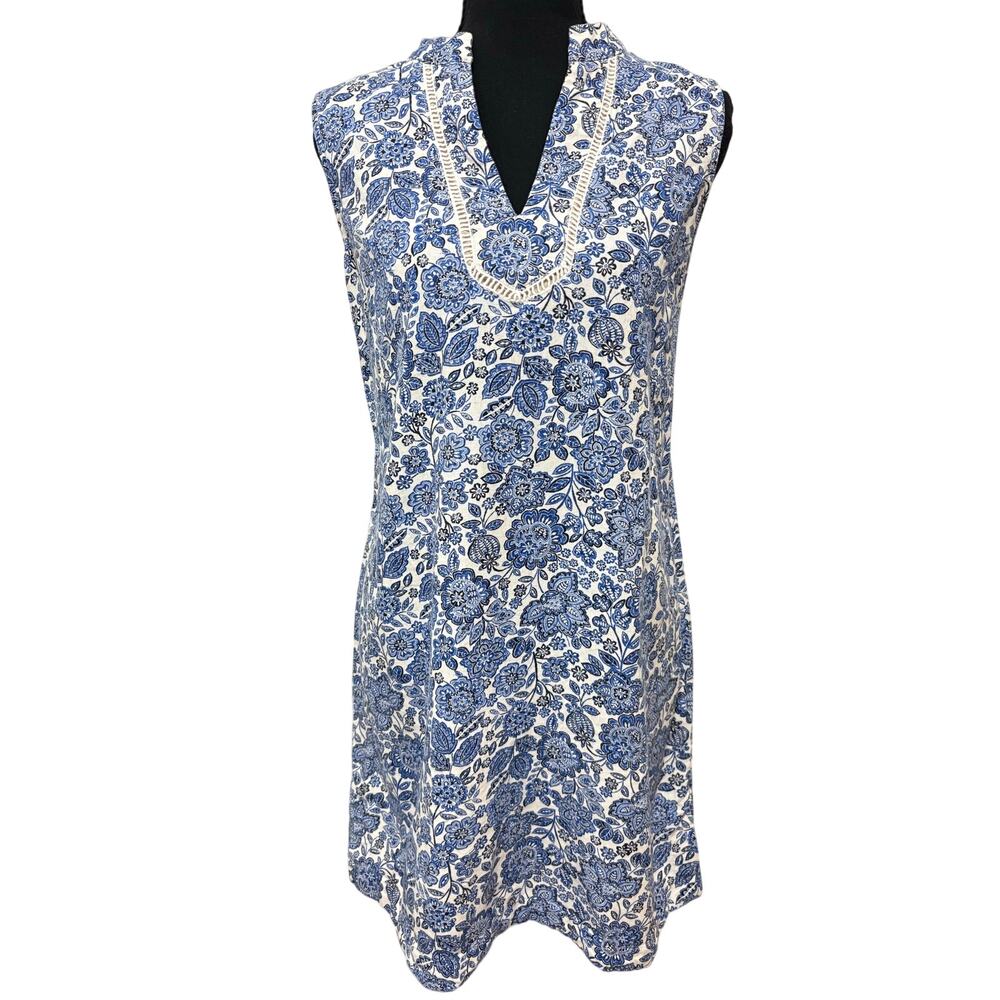 Tommy Hilfiger Size 8 Blue Floral Linen Blend Sleeveless Shift Dress